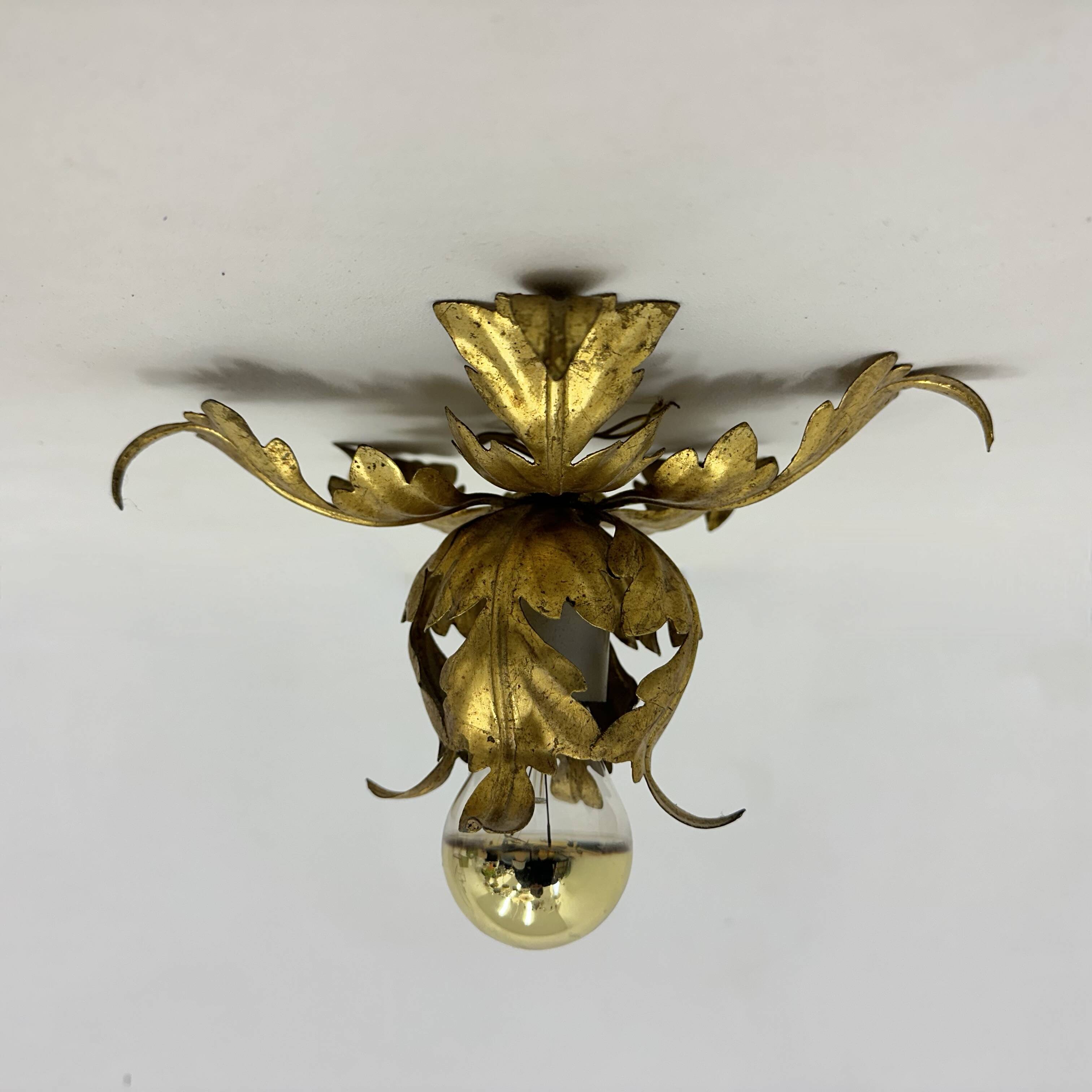 Hollywood regency gold leaf flower light , 1970s