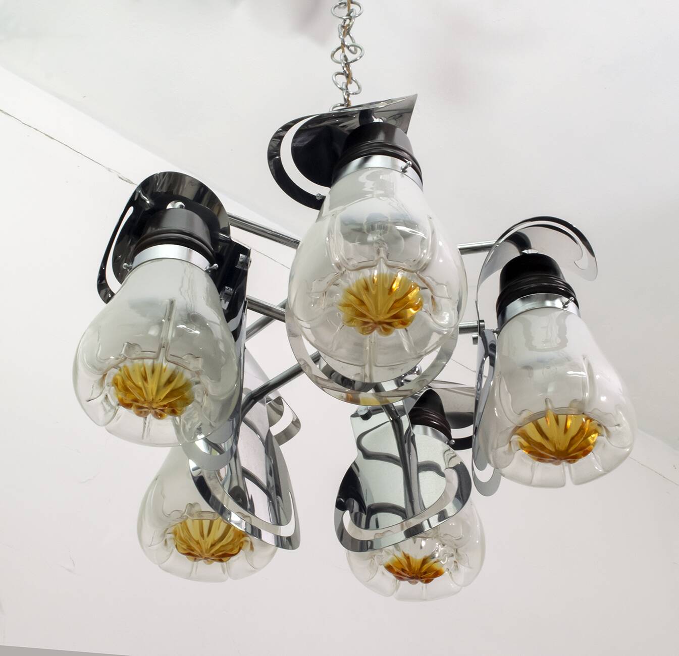 Mazzega Mid-Century Modern Italian Murano Glass and Steel Chandelier, 1970s