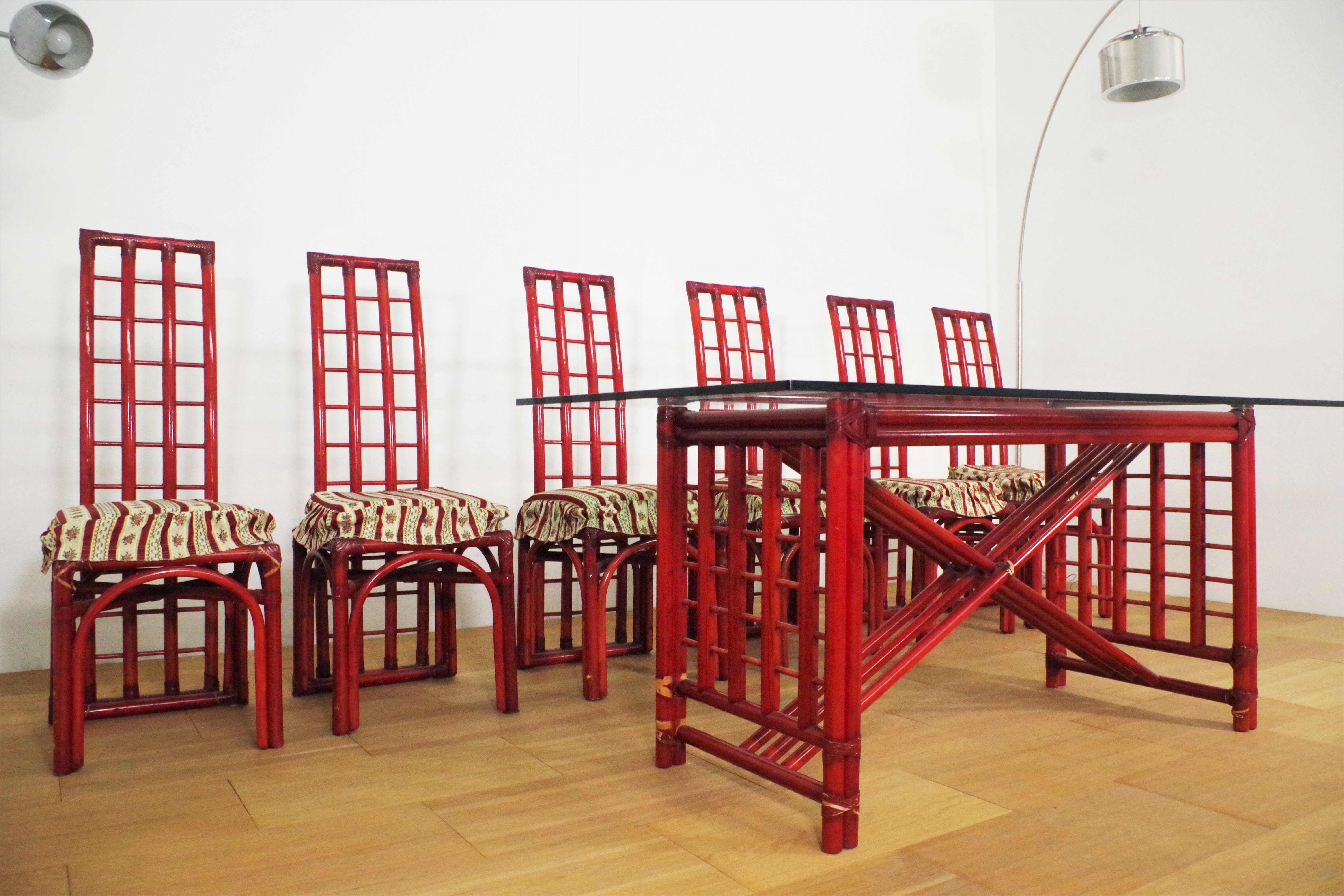 Red bamboo table by Arturo Pozzoli, 1980s, set of 7
