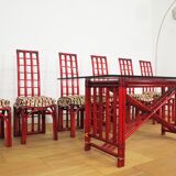 Red bamboo table by Arturo Pozzoli, 1980s, set of 7