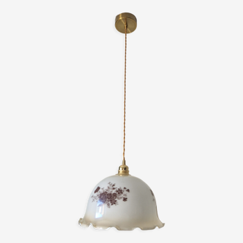 Vintage floral pendant lamp in white opaline