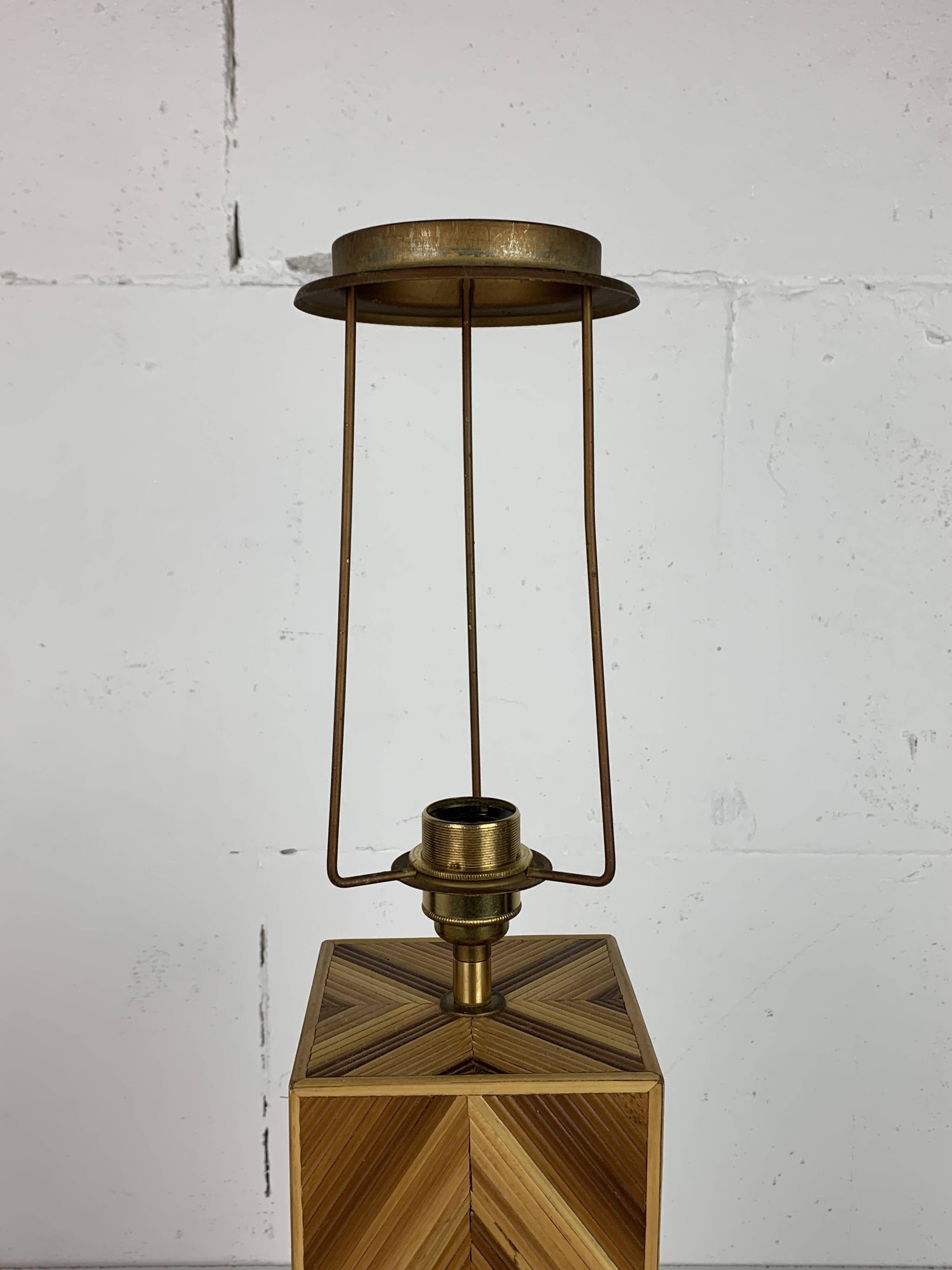 Midcentury pencil reed rattan bamboo and brass table lamp, 1970s