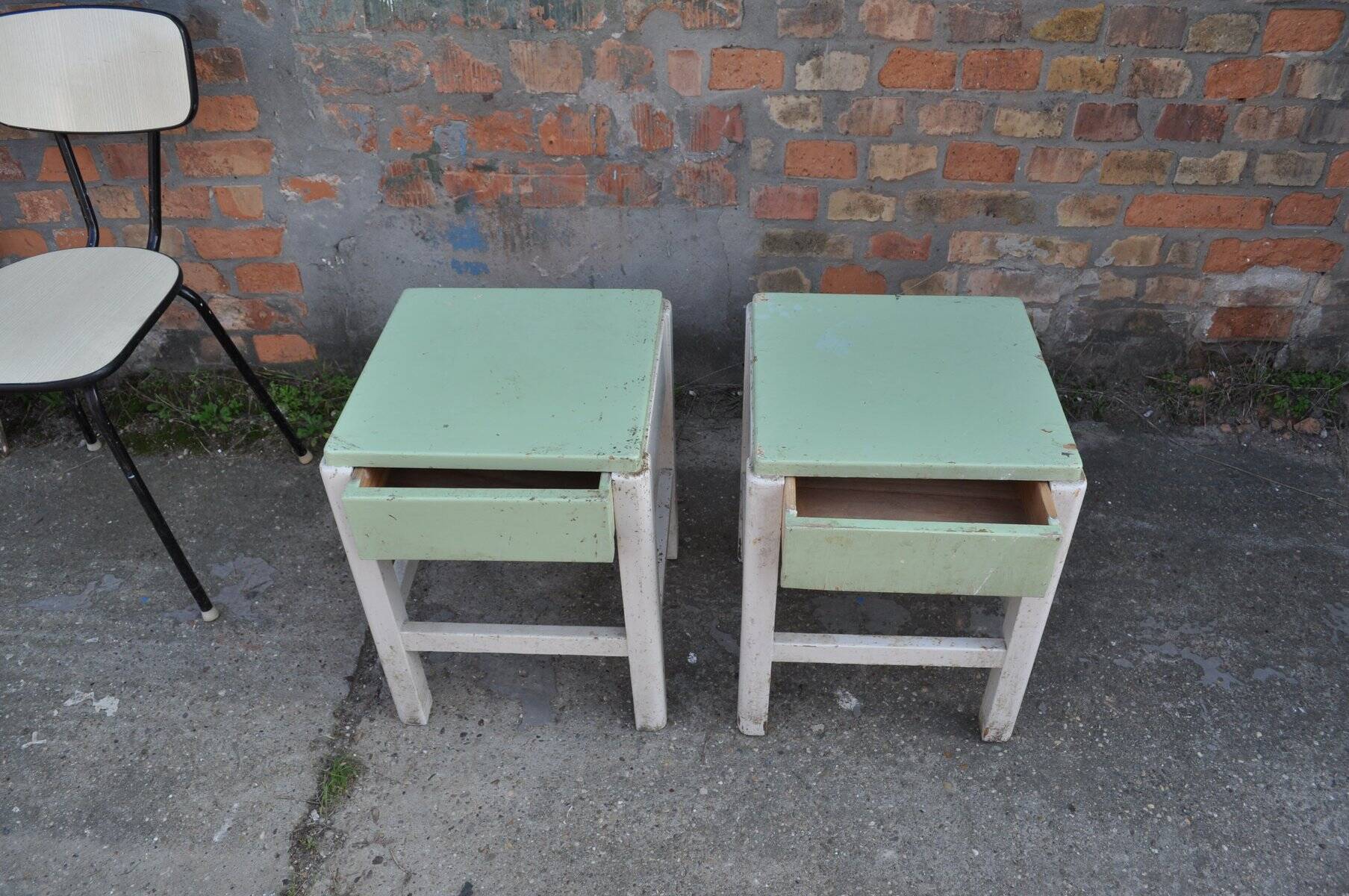 Pair of green and white painted pine stools with drawer, 1940s industrial vintage.