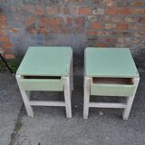 Pair of green and white painted pine stools with drawer, 1940s industrial vintage.