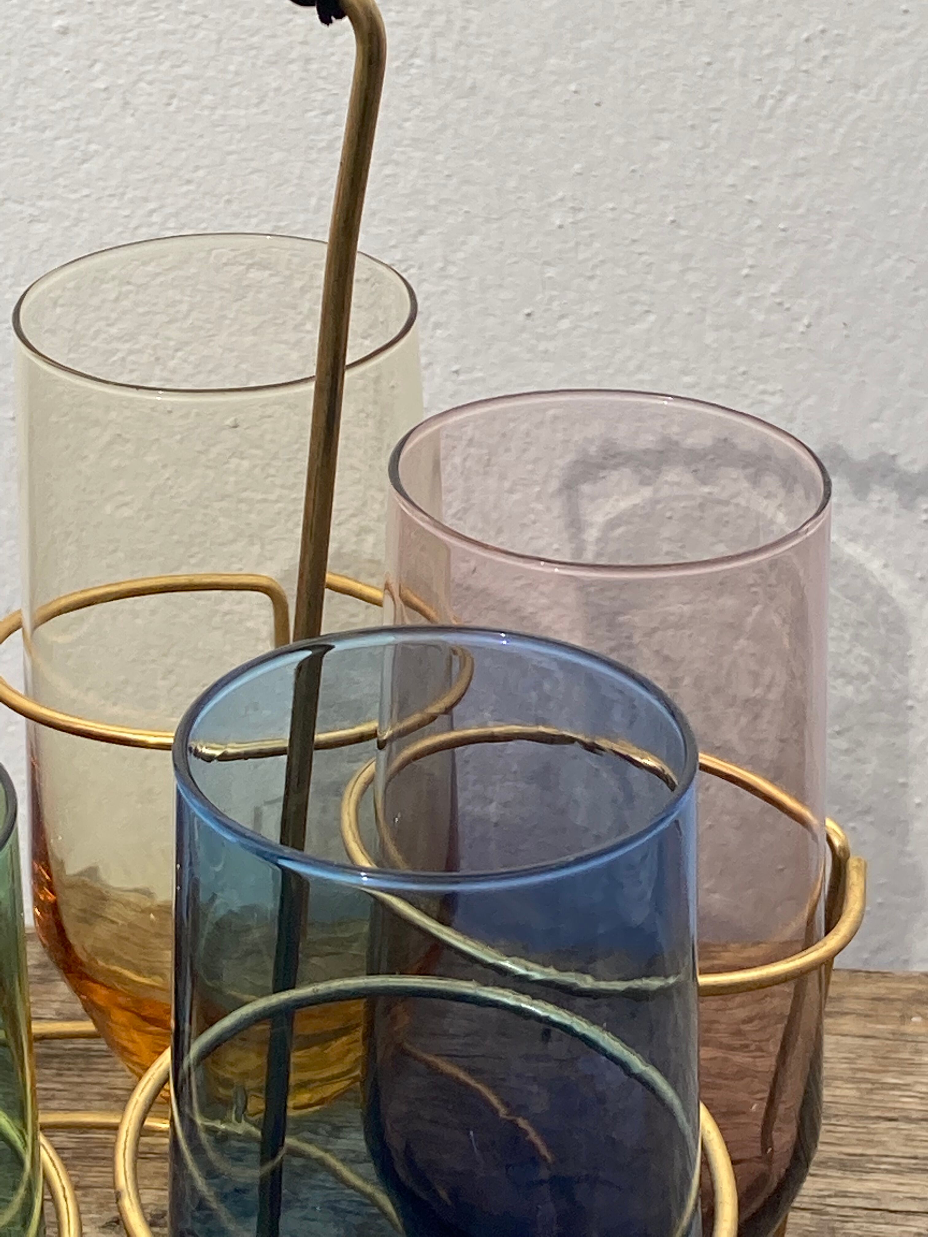 Crystal coloured water glasses in gilded metal glass holders 1970