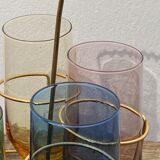 Crystal coloured water glasses in gilded metal glass holders 1970