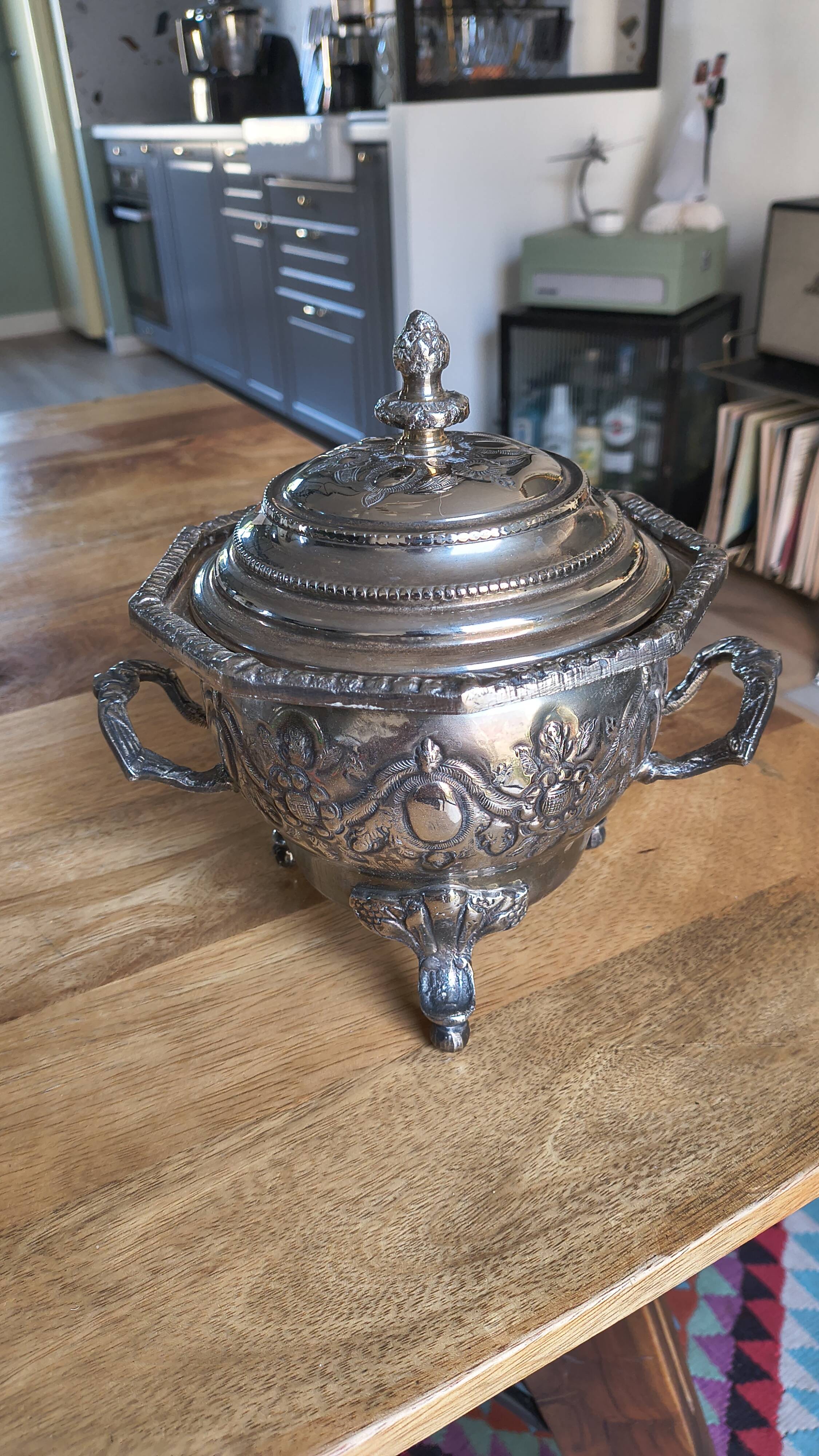 Antique Box / Chased Silver-Plated Sugar Bowl from Fes - Nesting Style (Vi