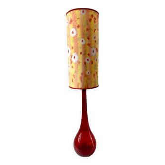 Grande lampe en verre soufflé italien style Murano rouge et abat-jour seventies années 70