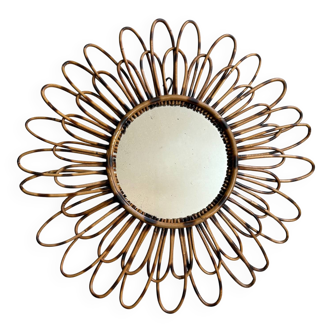 1950s French rattan sun mirror