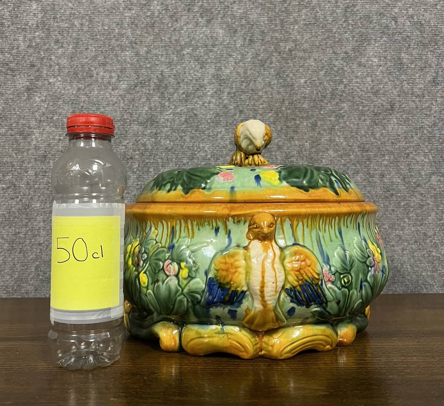 Soup tureen with parrot in colored slip from the mid-20th century