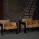 Pair of wooden and leather armchairs by Rud Thygesen & Johnny Sørensen, 1970s.