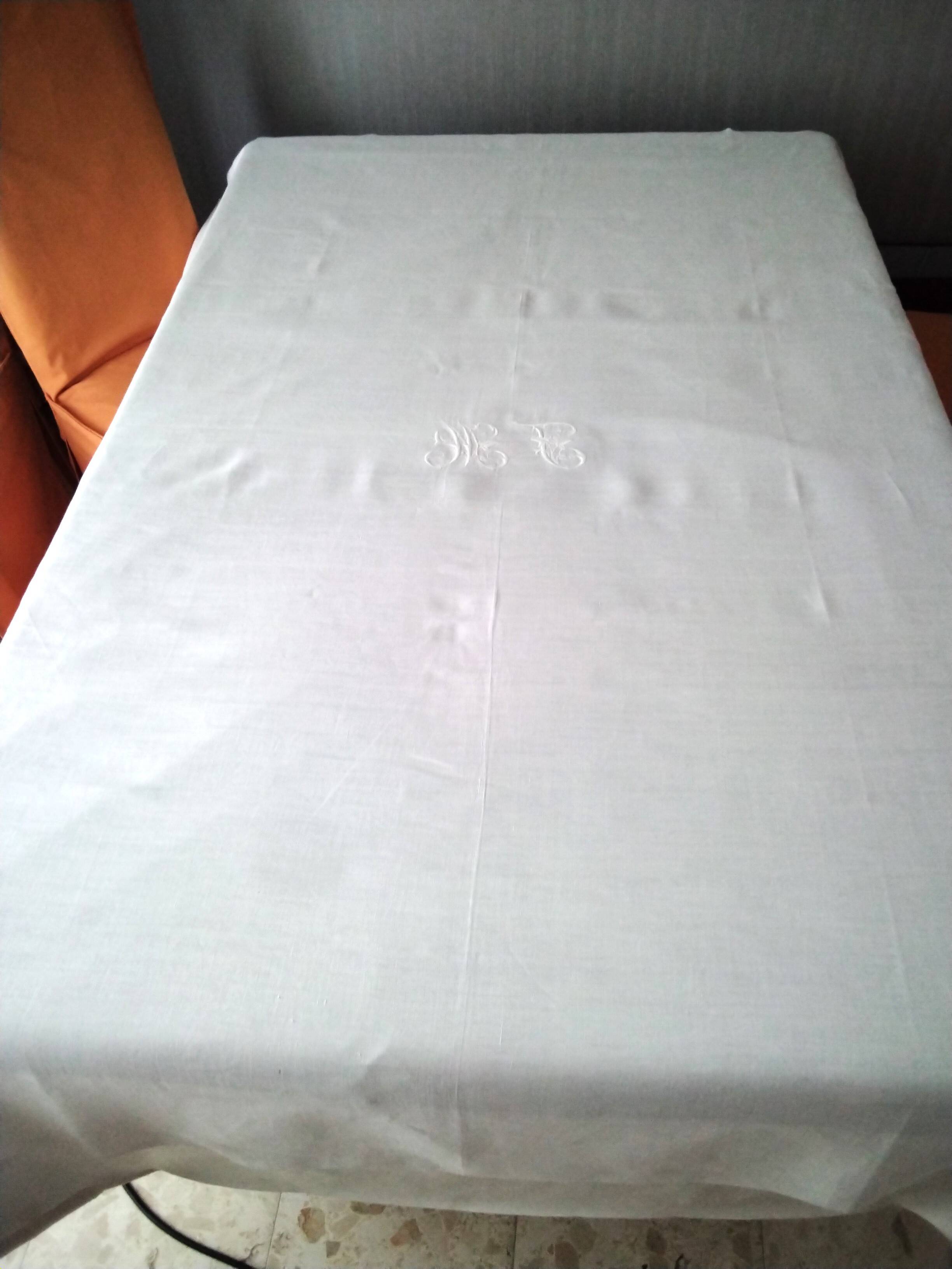 Antique white linen tablecloth monogrammed MC 1.68 X 1.70 m