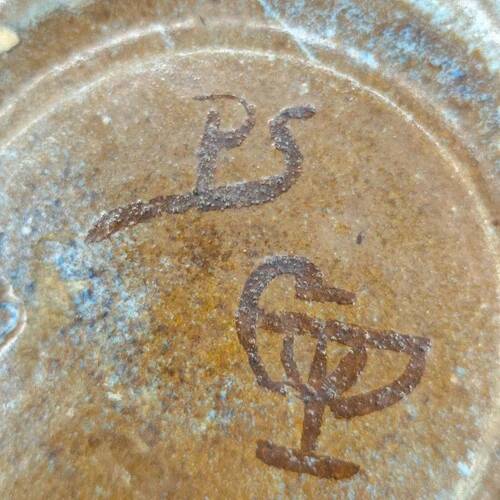 Studio ceramic vase from France circa 1960, blue-brown marbled, signed, 24 cm.