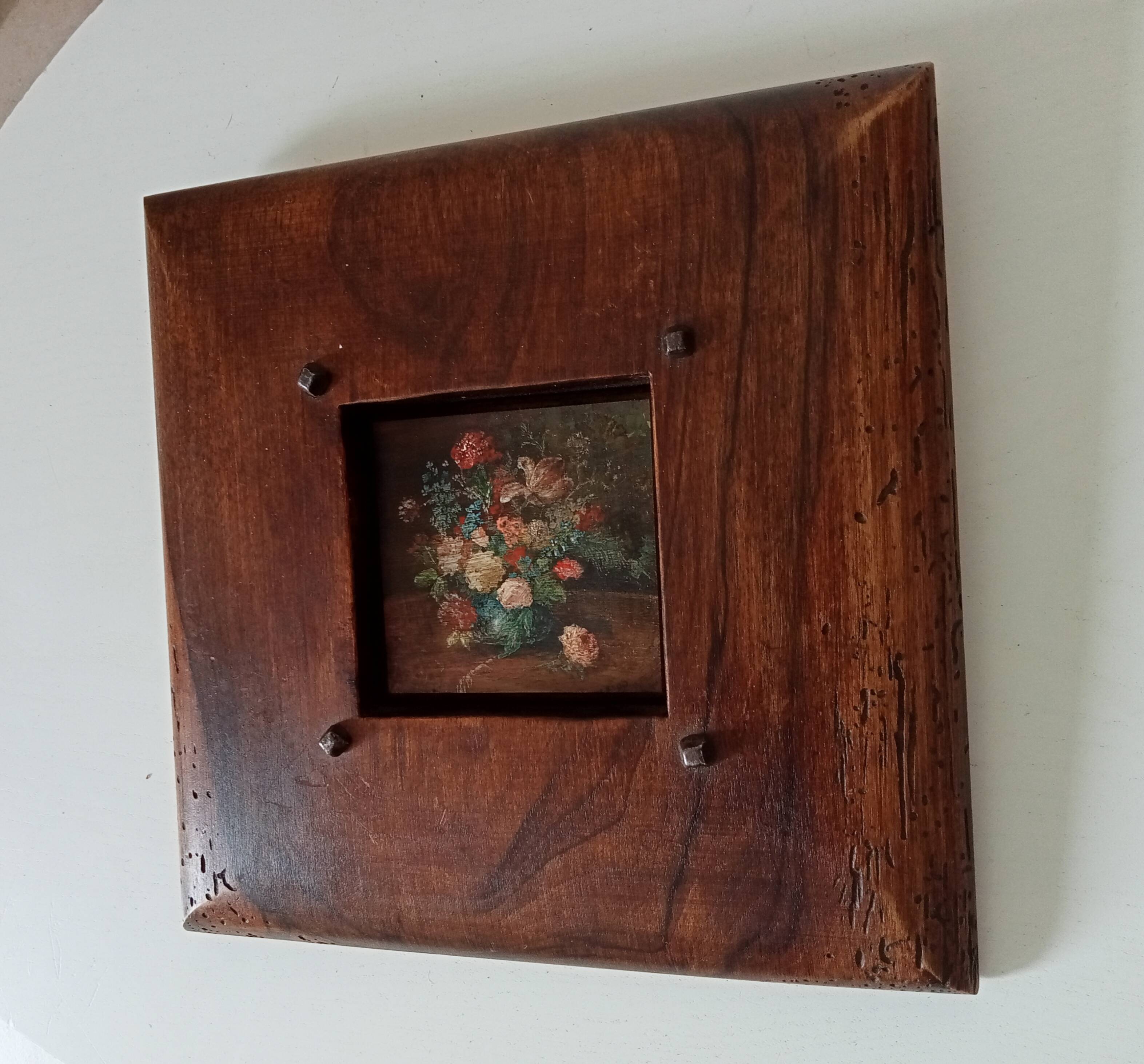 Tableau miniature vintage nature morte huile sur planche