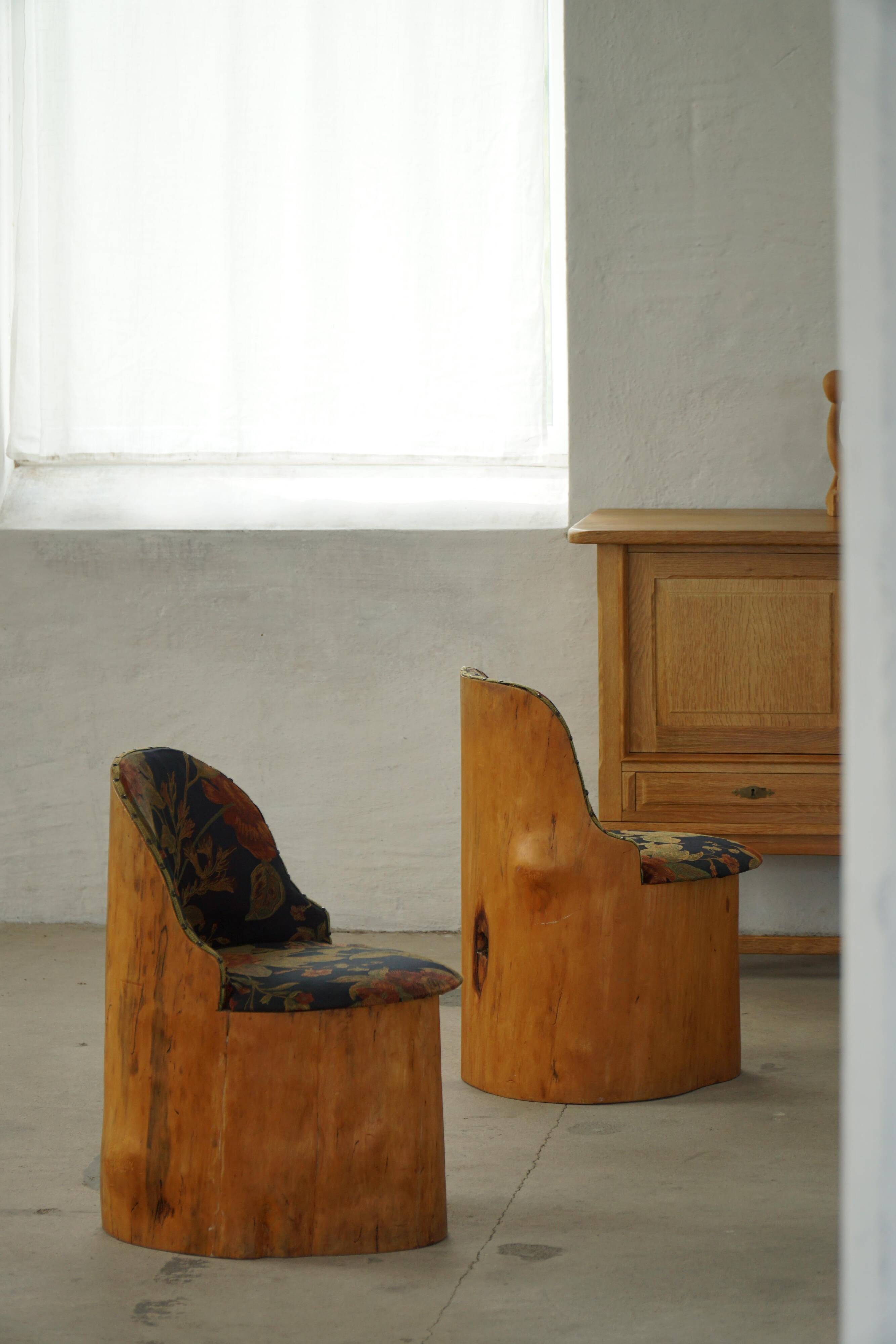 Swedish stump chair / "Kubstol" in pine and floral upholstery, mid-20th century