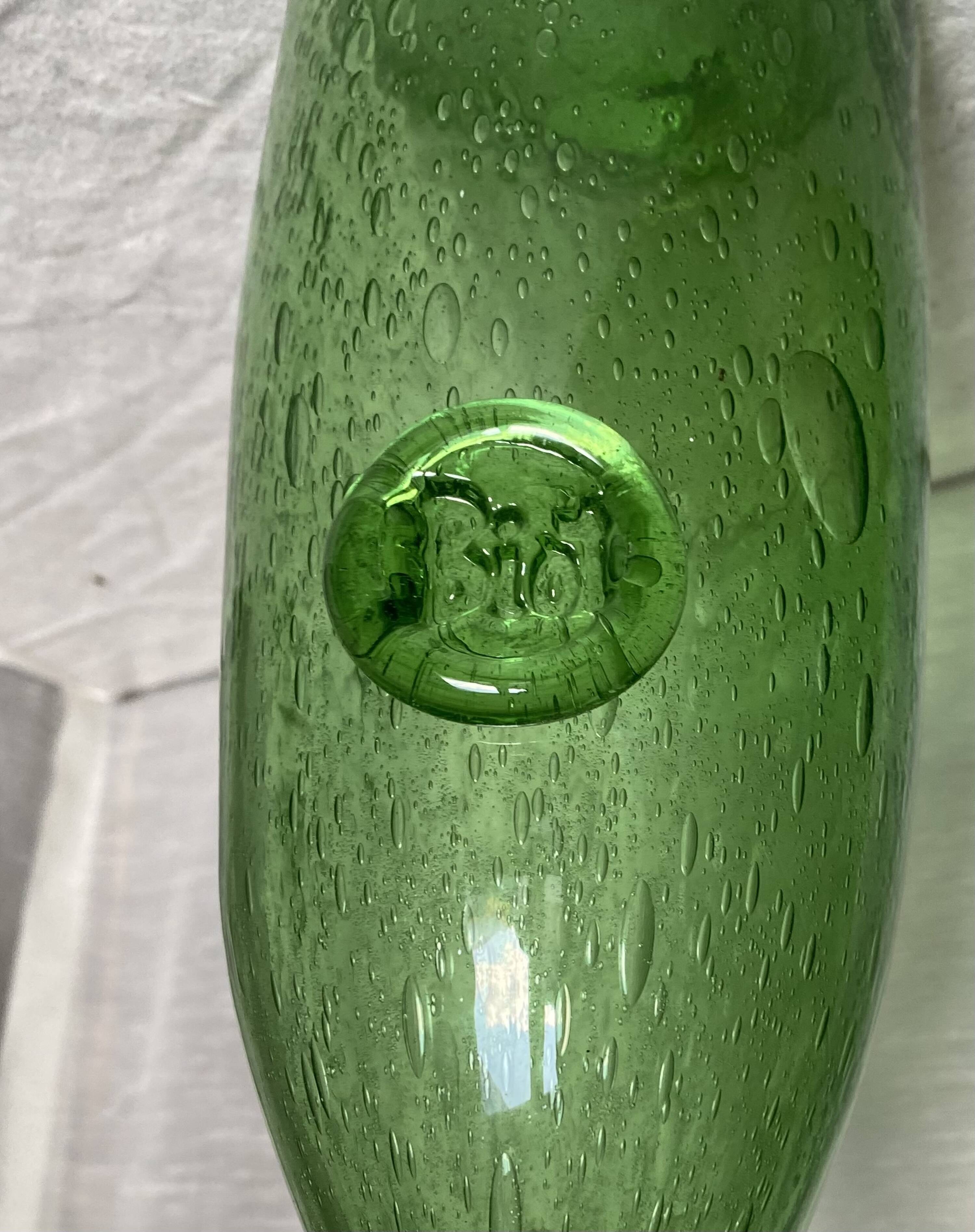 Biot-signed bubble glass bottle, green carafe
