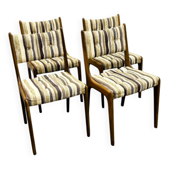 Ensemble de 4 chaises de salle à manger danoises en teck avec tissu d'origine, années 1970