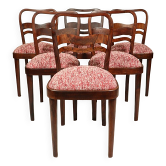 Art déco chairs design by M. Thonet set of 6 coral red  1950