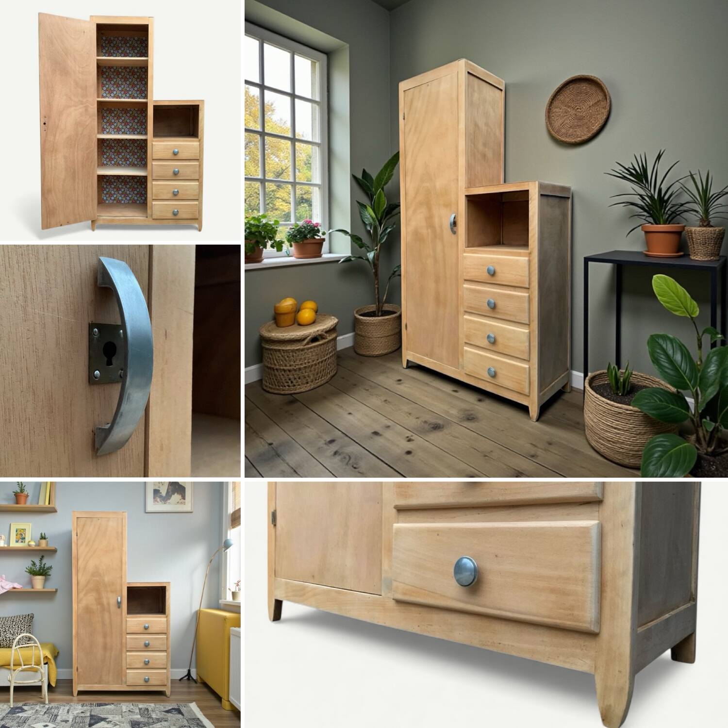 Armoire parisienne asymétrique bois brut 1950