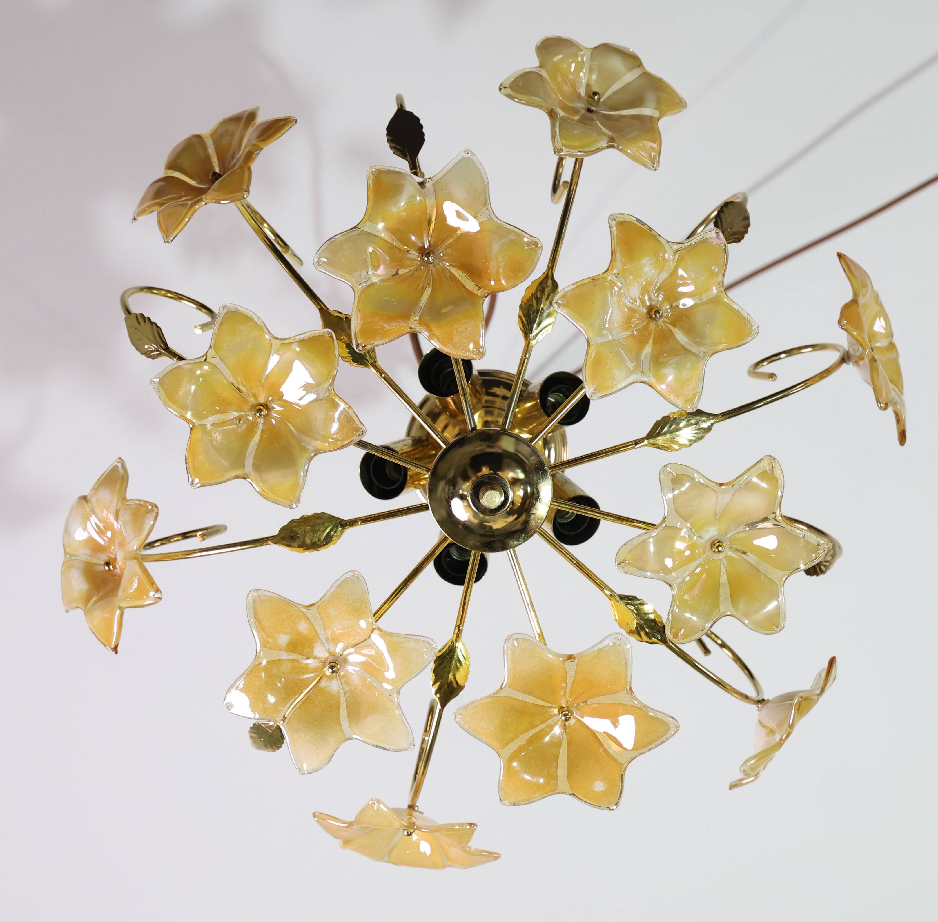 Murano Vintage Ceiling Light Orange Iridescent Flowers, 1970s