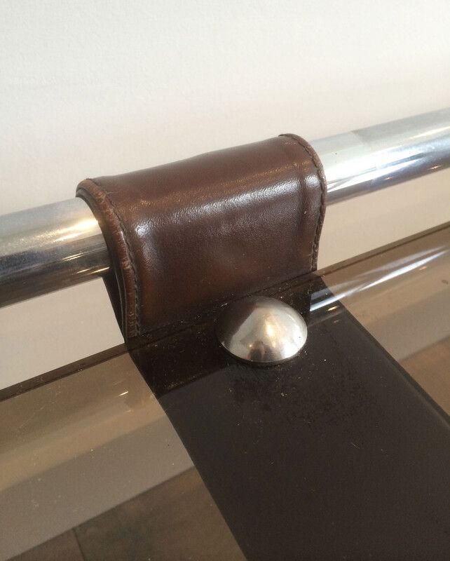 Coffee table in chrome, leather, and smoked glass