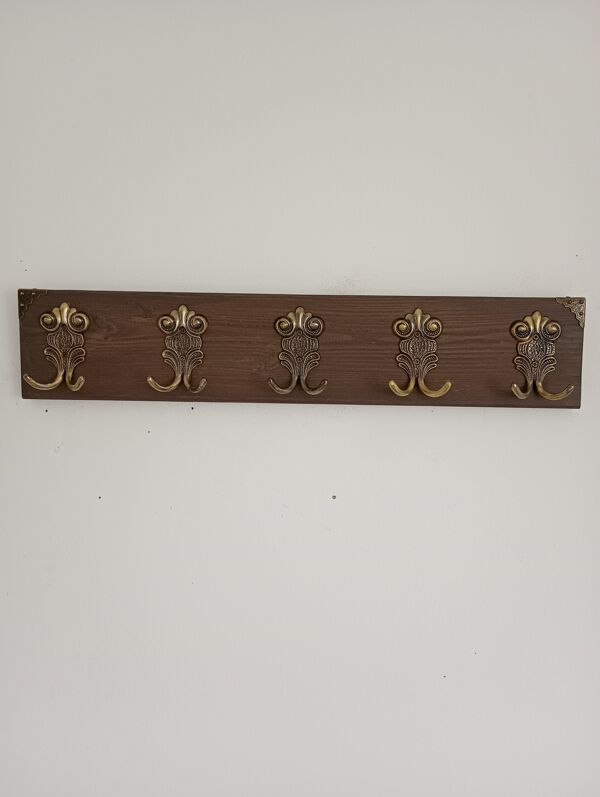Porte-manteau mural 60 cm – 5 patères métal style vintage – Bois teinté