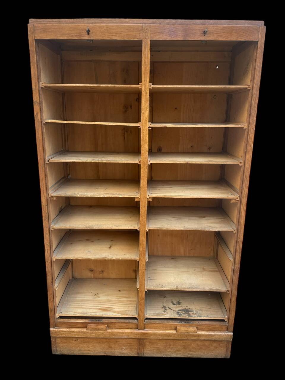 Oak double curtain file cabinet from the 1940s