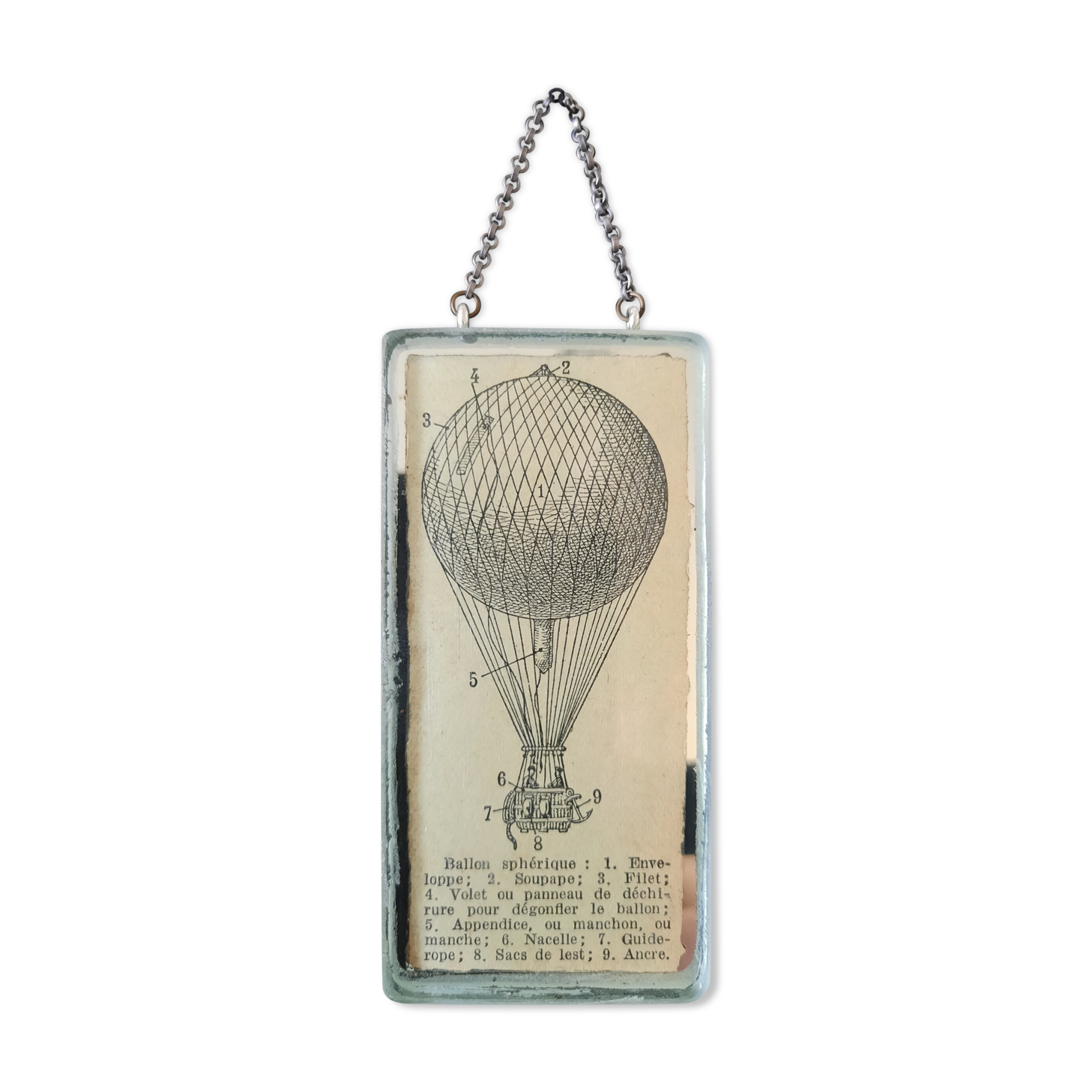 Old illustration "Spherical balloon"/ Hot air balloon, inserted under mirror. Cabinet of curiosity.