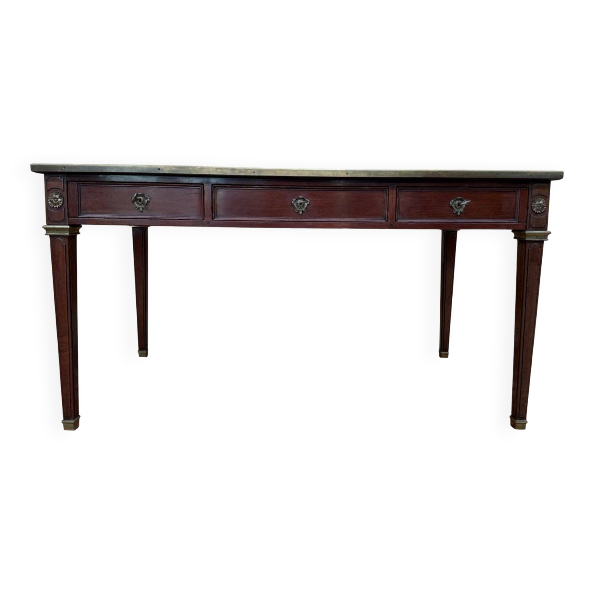 Flat desk – Louis XVI style – Mahogany, green leather, bronze