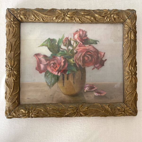 Pastel ancien bouquet de fleurs encadré art nouveau