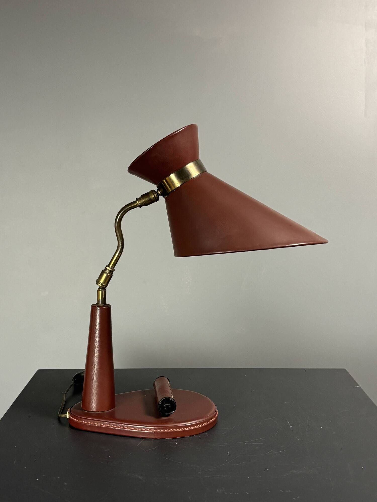 Midcentury leather wrapped French desk lamp style of Jacques Adnet, 1950s