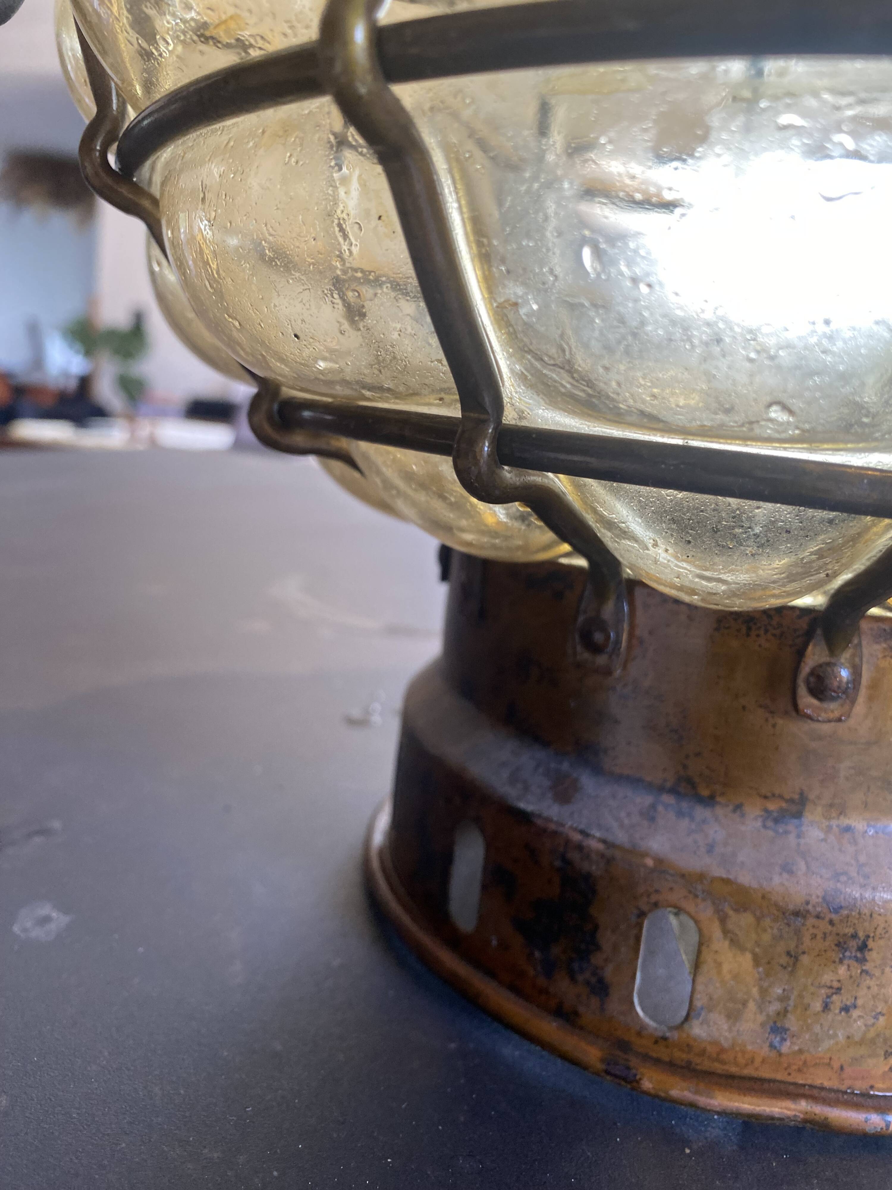 Antique Ankerlift lamp in amber glass and patinated brass