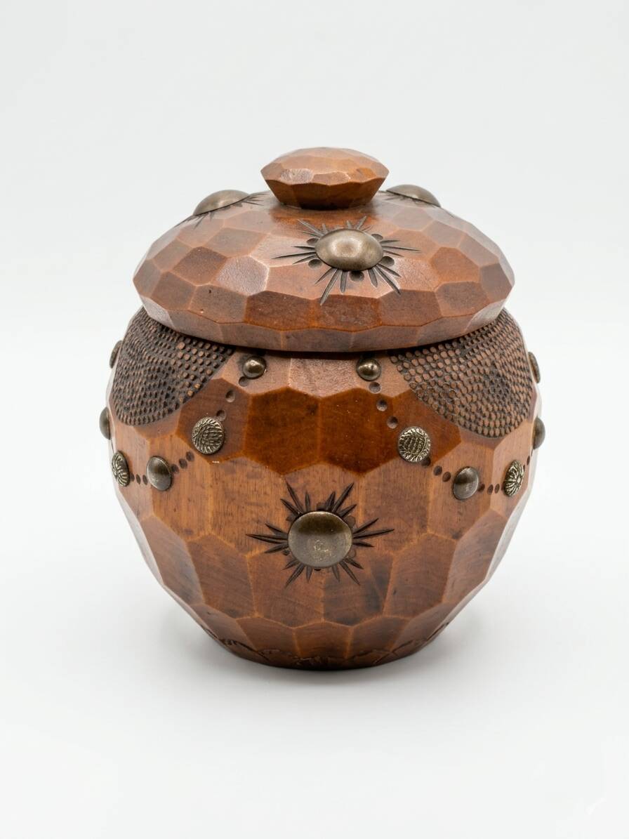 Antique tobacco pot in hand-carved walnut, Folk Art from Savoie, Chambéry.