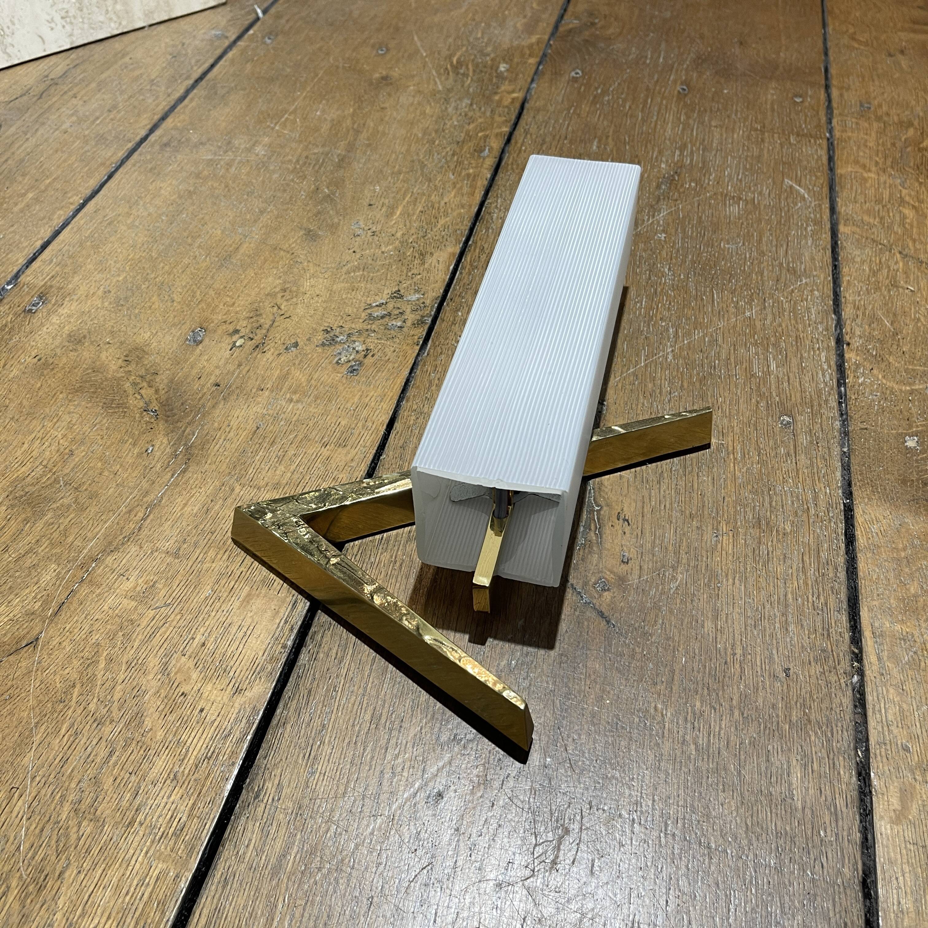 Pair of asymmetrical Hollywood Regency sconces, bronze - opaline glass, 70s