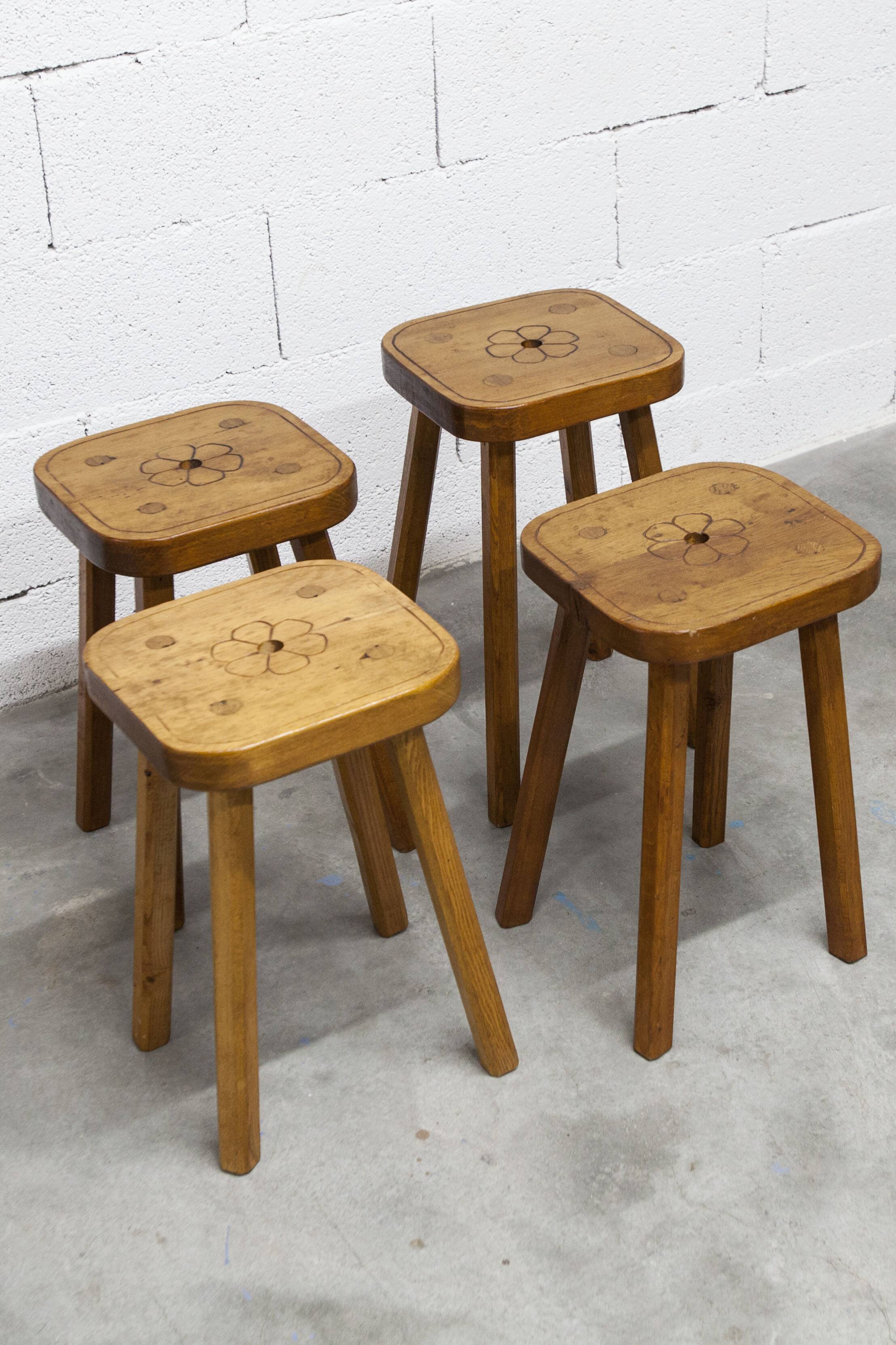 Set of 4 brutalist stools, handcrafted, 1960, flower.