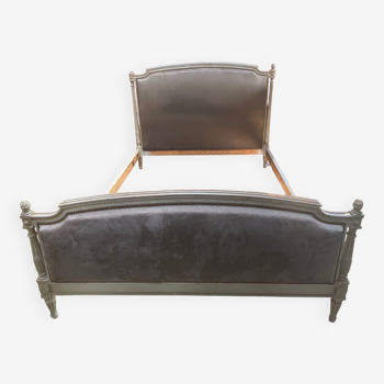 Louis XVI style bed upholstered grey velvet studded
