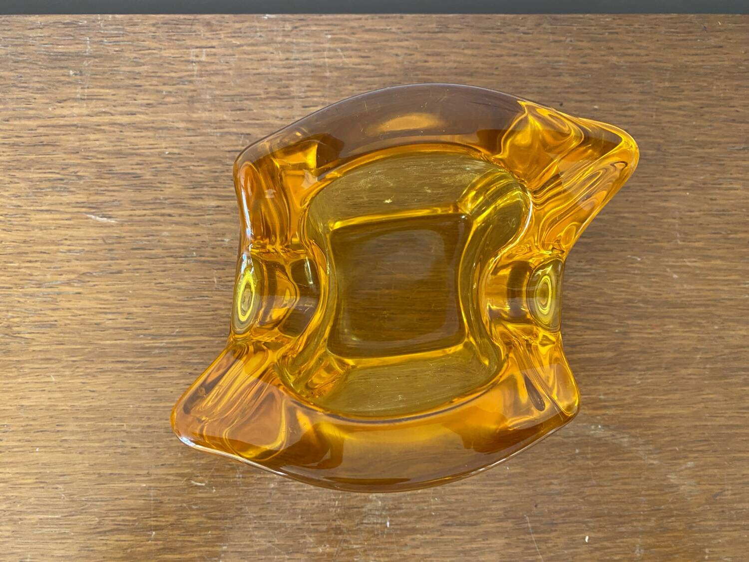 Antique Vintage Orange Yellow Molded Crystal Pocket Ashtray #C268