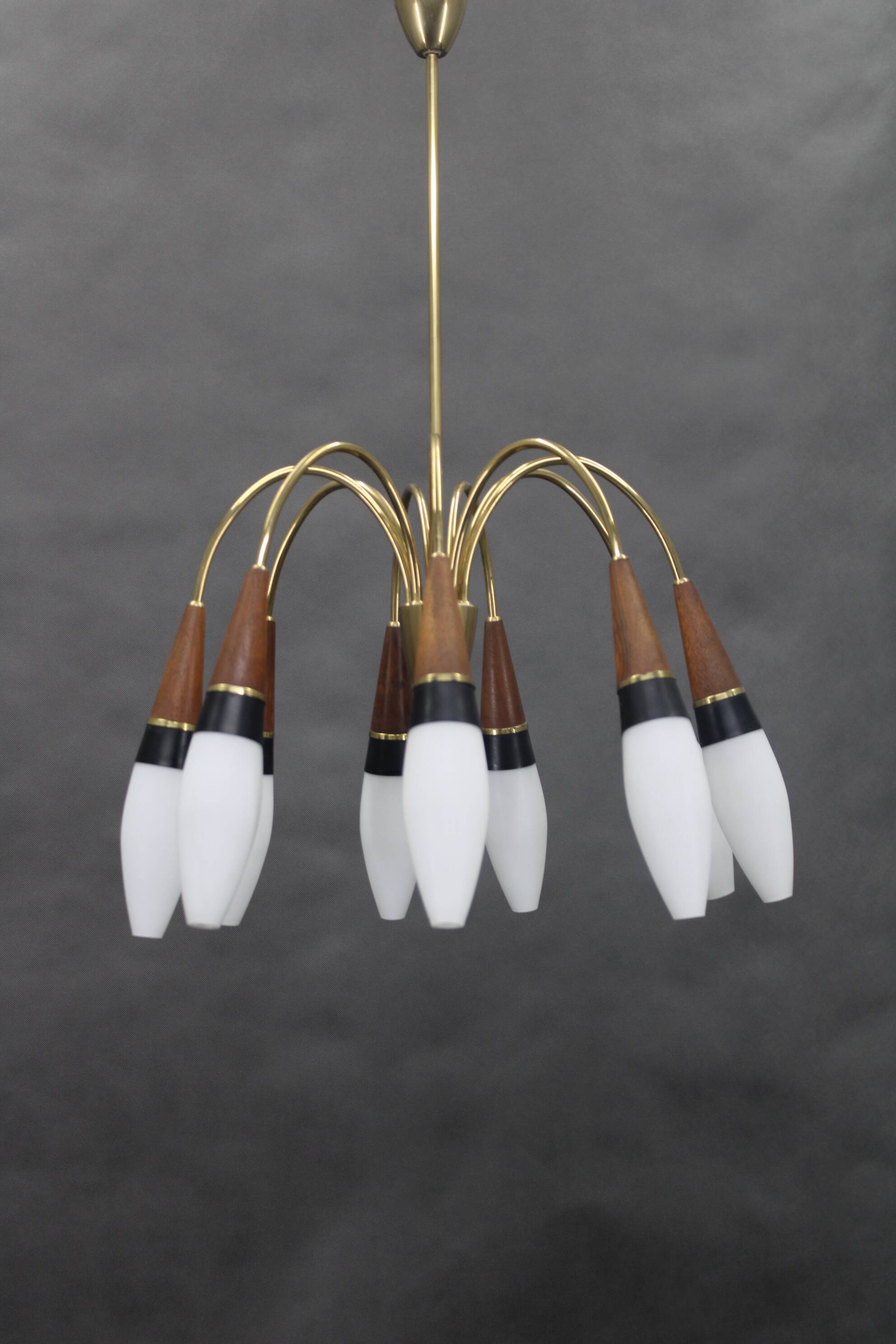 1960s Rupert Nikoll Brass and Teak Opaline Glass Chandelier ,Austria