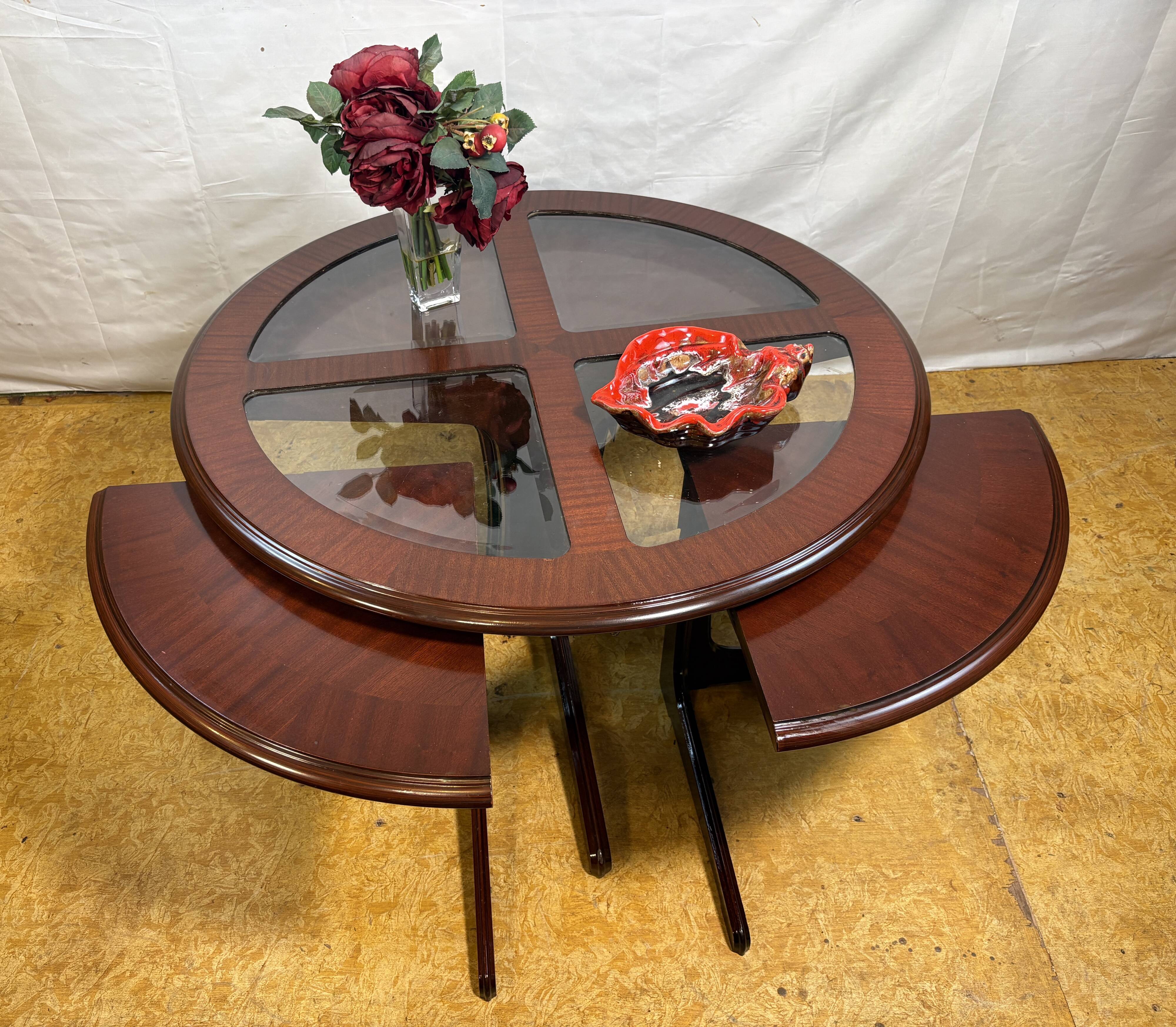 Vintage G-Plan Round Coffee Table & 4 Nested Stools | 1970s | Mahogany & Gl