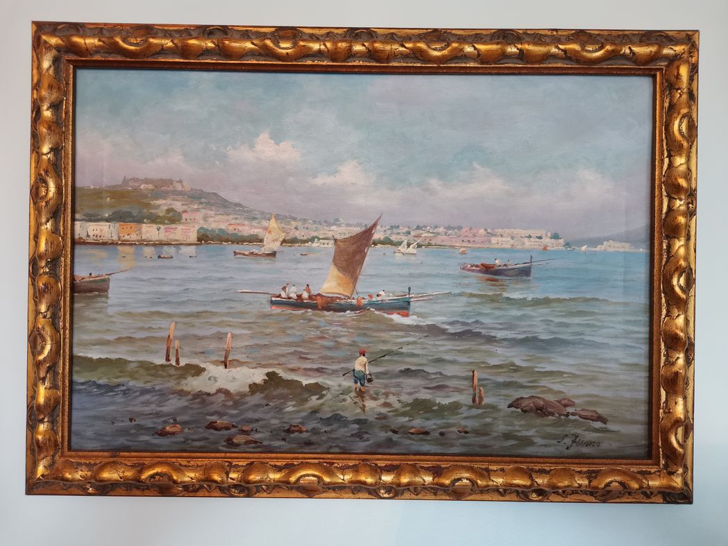Marine oil painting of sailboats in a jumo bay