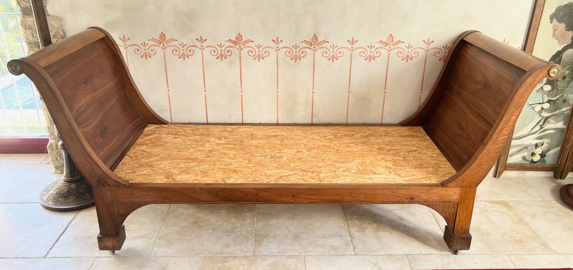 Empire style daybed (19th century) + new mattress (sleeping area 180x73cm), walnut chaise longue