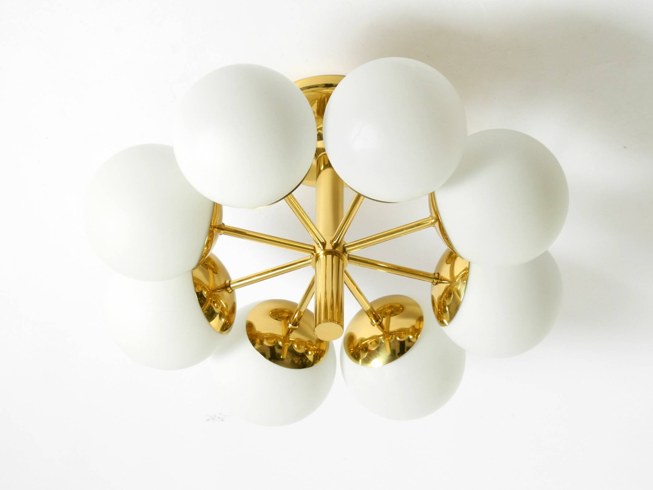 1960s Space Age brass ceiling lamp with 8 glass balls by Kaiser Leuchten