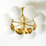 1960s Space Age brass ceiling lamp with 8 glass balls by Kaiser Leuchten