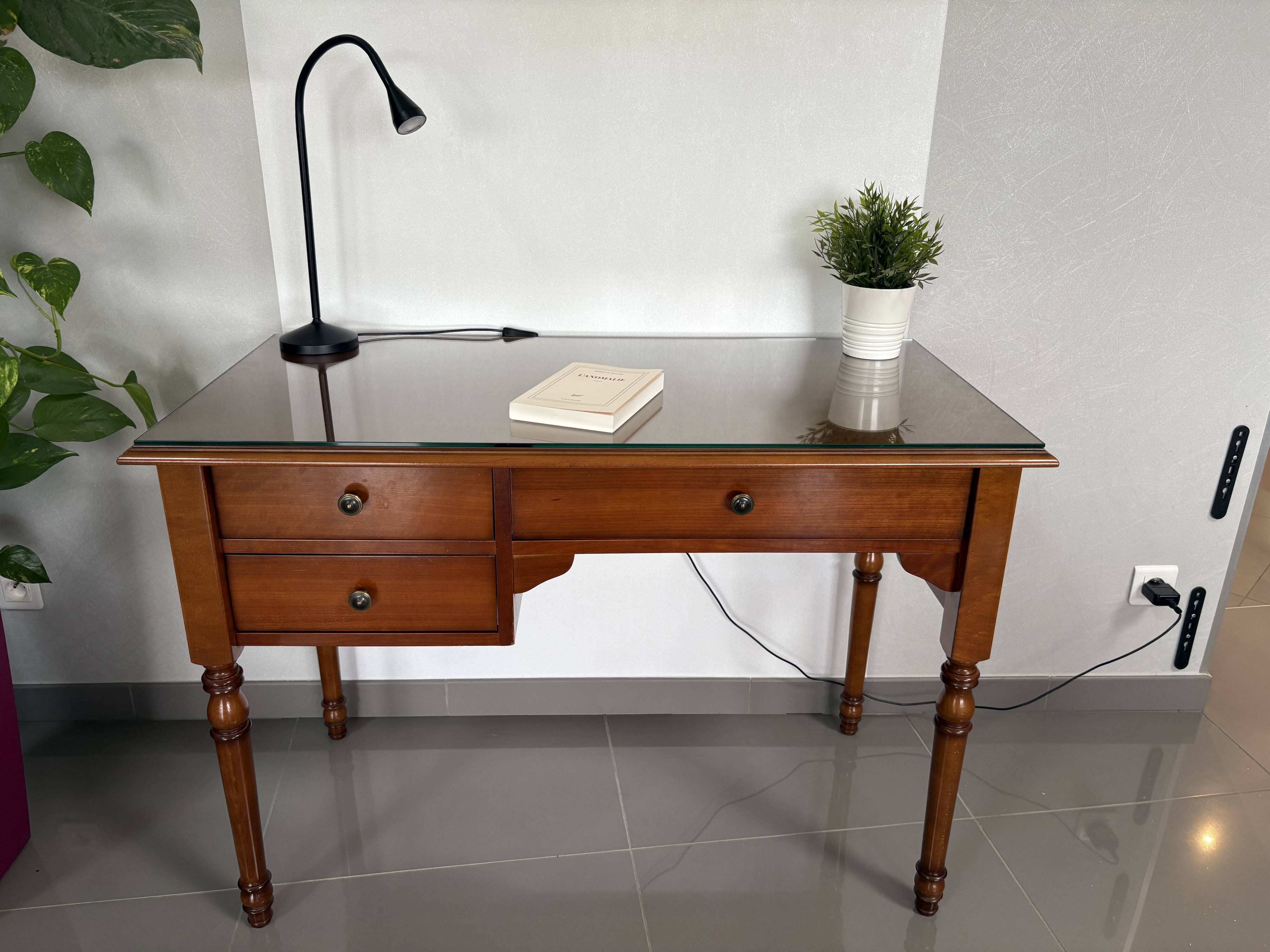 Vintage desk in solid beech stained cherry with glass top