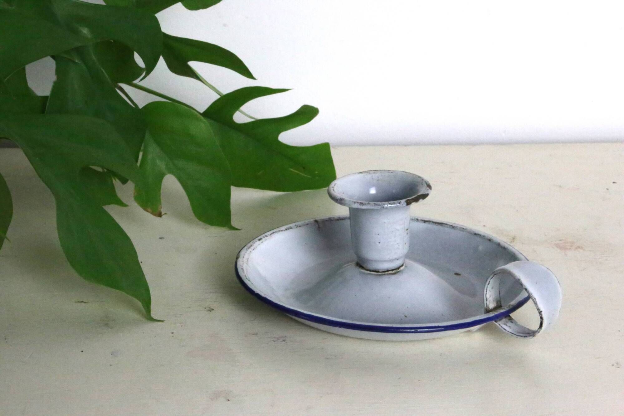 Gray and blue cellar rat candle holder, enameled metal, vintage
