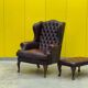 Burgundy leather chesterfield wing chair with Ottoman