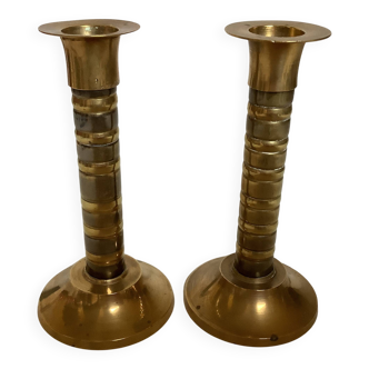 Pair of small two-tone brass candlesticks
