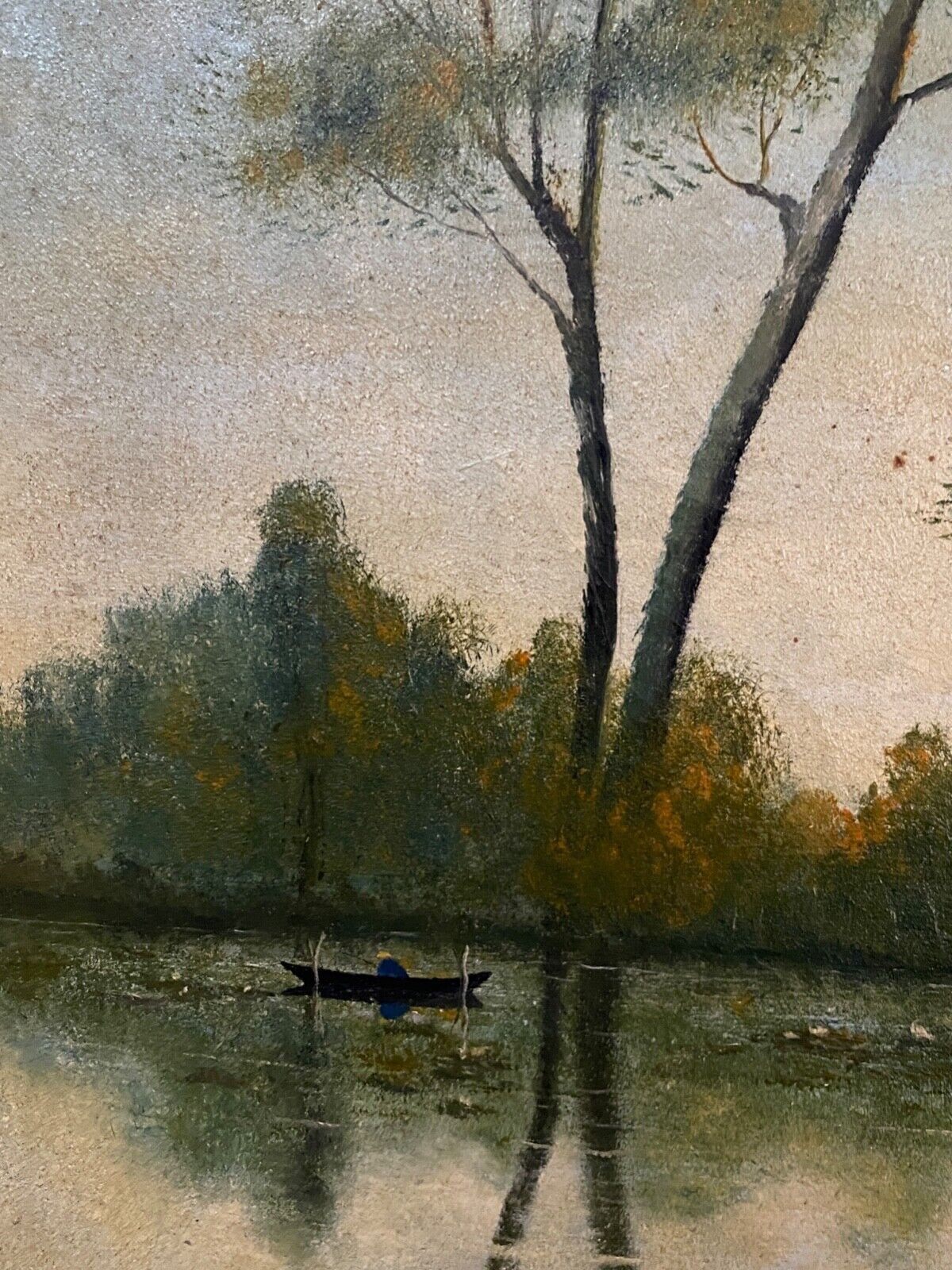 Oil on canvas by A. Biron XXth landscape by the river thatched cottage