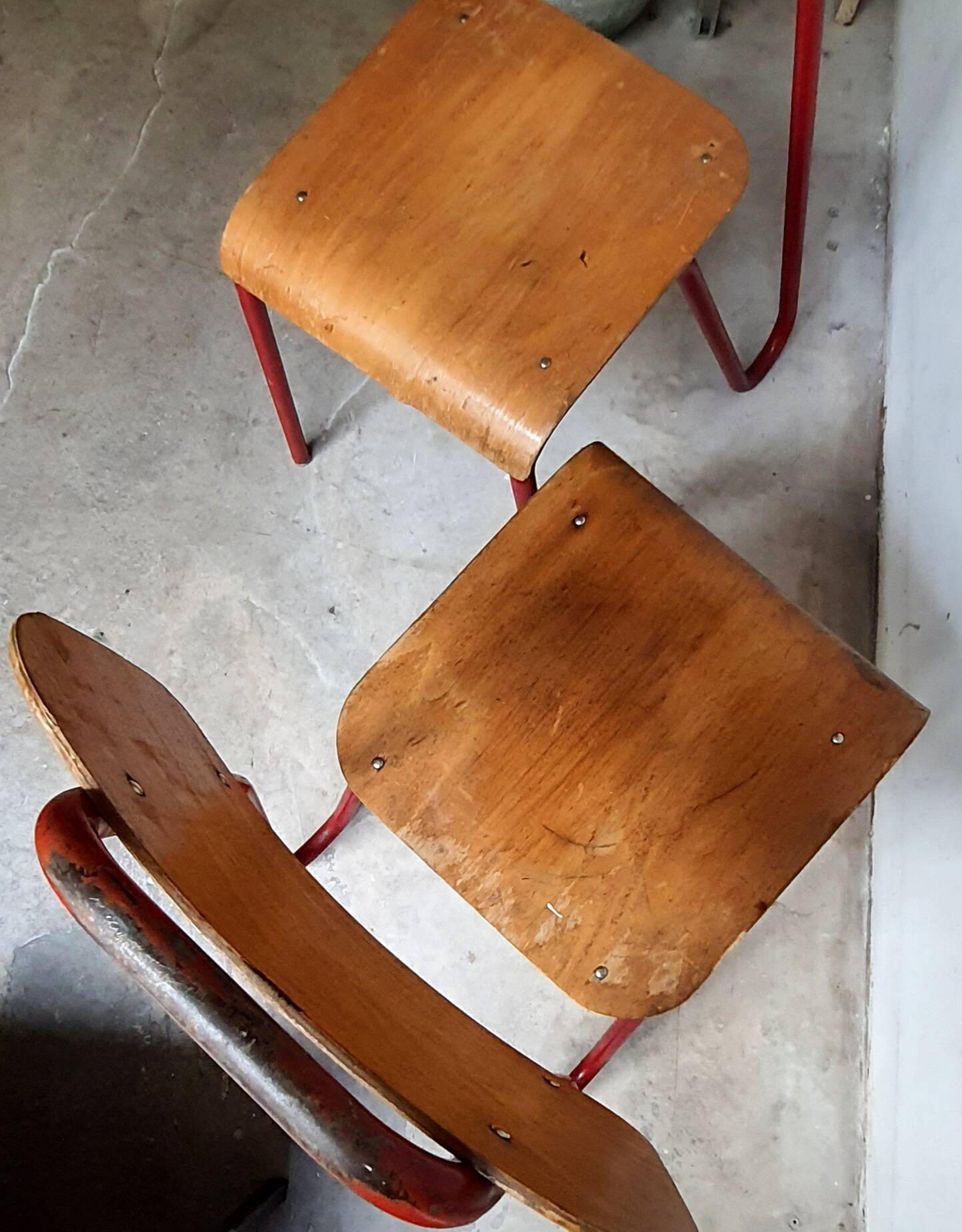 Rare pair of chairs in red tubular metal and wood  Vintage 1960