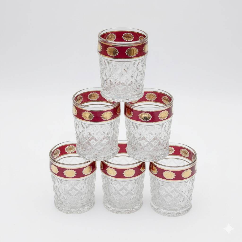 Six pressed glass whisky glasses with red and gold rims